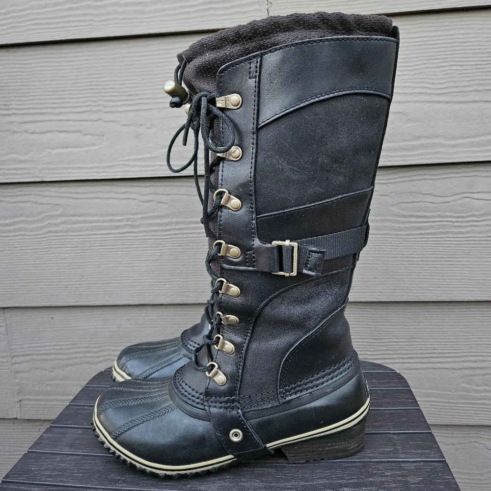 Sorel Black Leather Conquest Carly Boots Womens Size 8 Rubber Tall Waterproof